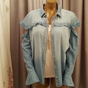 NWT Plus Size denim cold shoulder button down